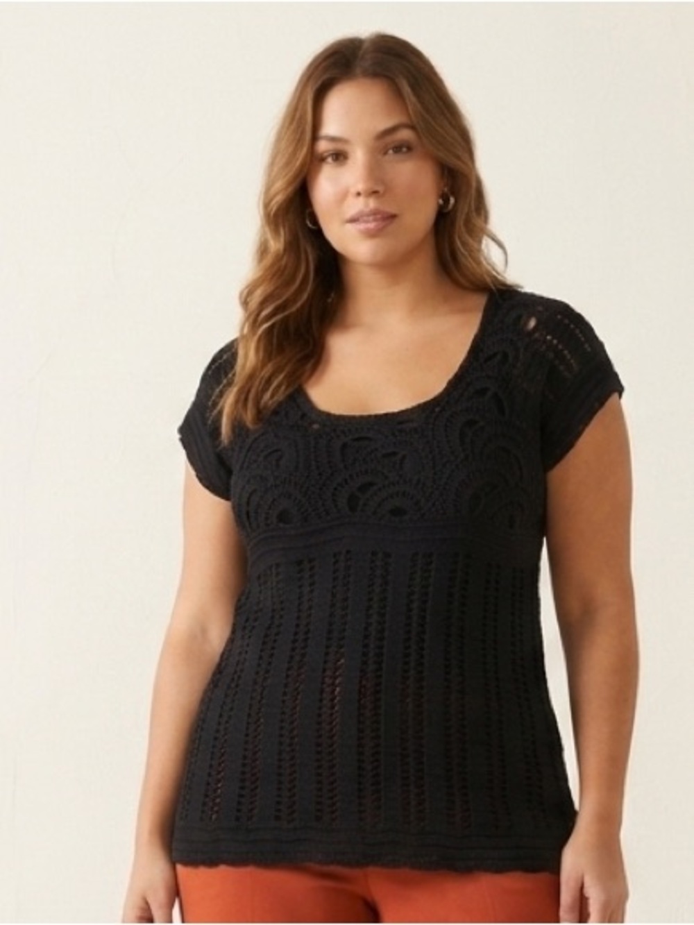 AVON Vintage Crochet Knit Scoop Neck Top XL 17.5” + p2p Black EUC